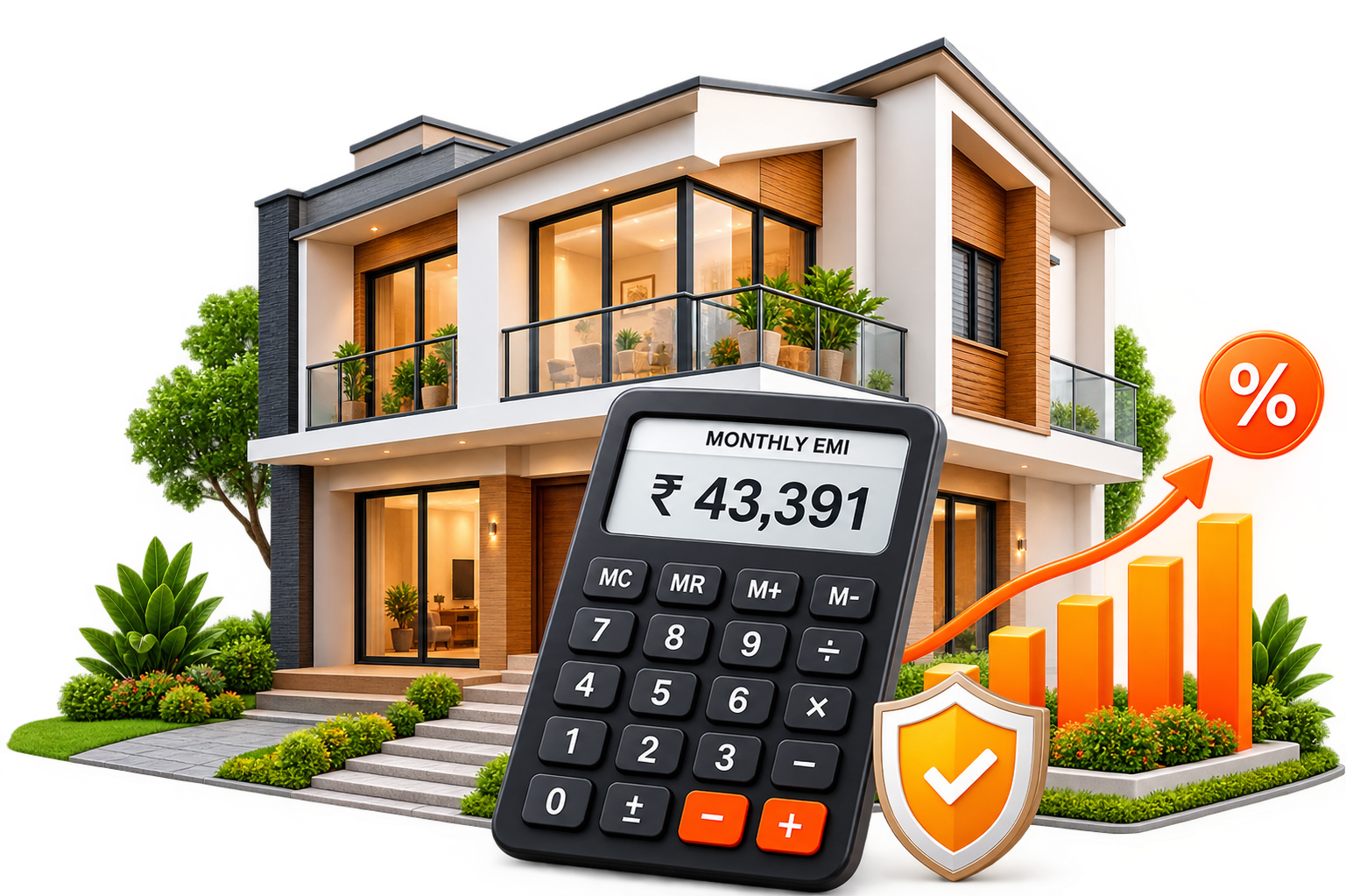 3D illustration of a modern home with EMI calculator, growth chart and security shield
