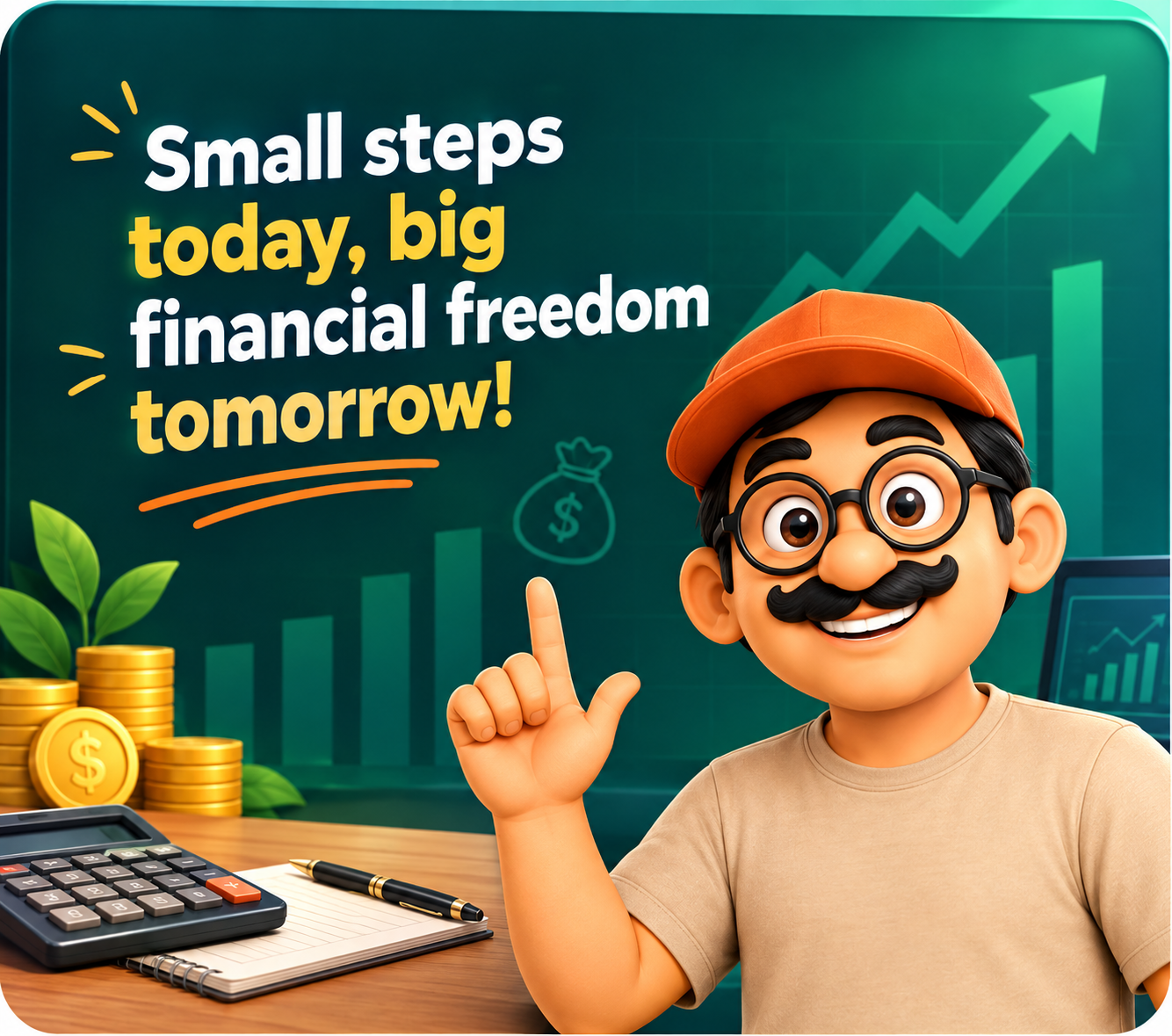 Hanu pointing up — Small steps today, big financial freedom tomorrow