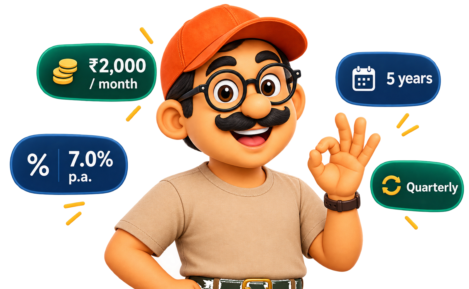 Hanu showing recurring deposit highlights of ₹2,000 a month, 7% p.a., 5 years and quarterly compounding