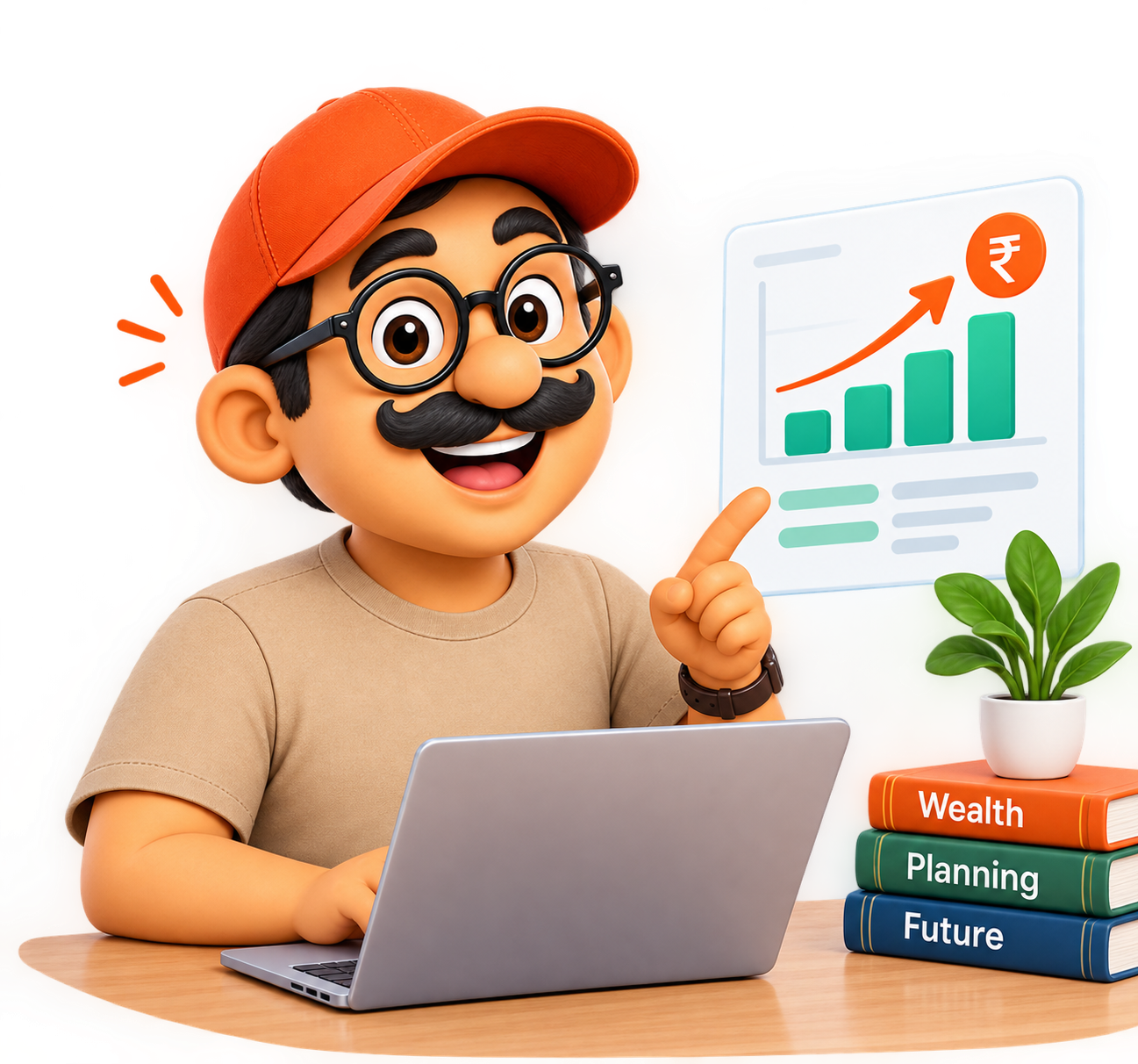 Hanu explaining SWP income on a laptop with growth chart, wealth planning books and a plant