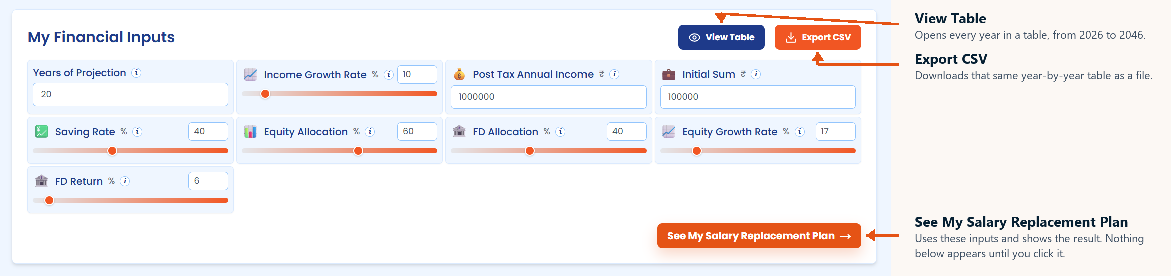 My Financial Inputs on the salary replacement calculator